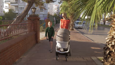 a woman walking with a baby carriage and a seven years old son