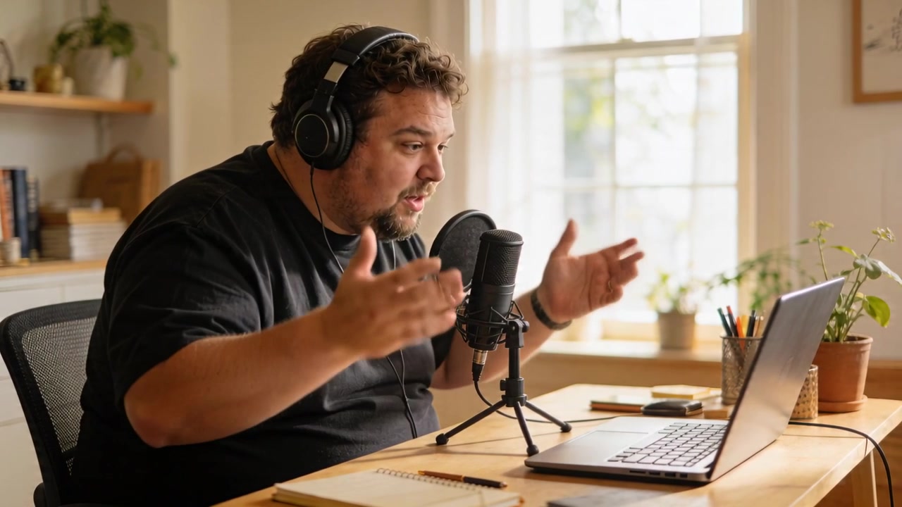 Hitting record, home podcaster leaning, speaking into condenser mic wearing over-ear headphones