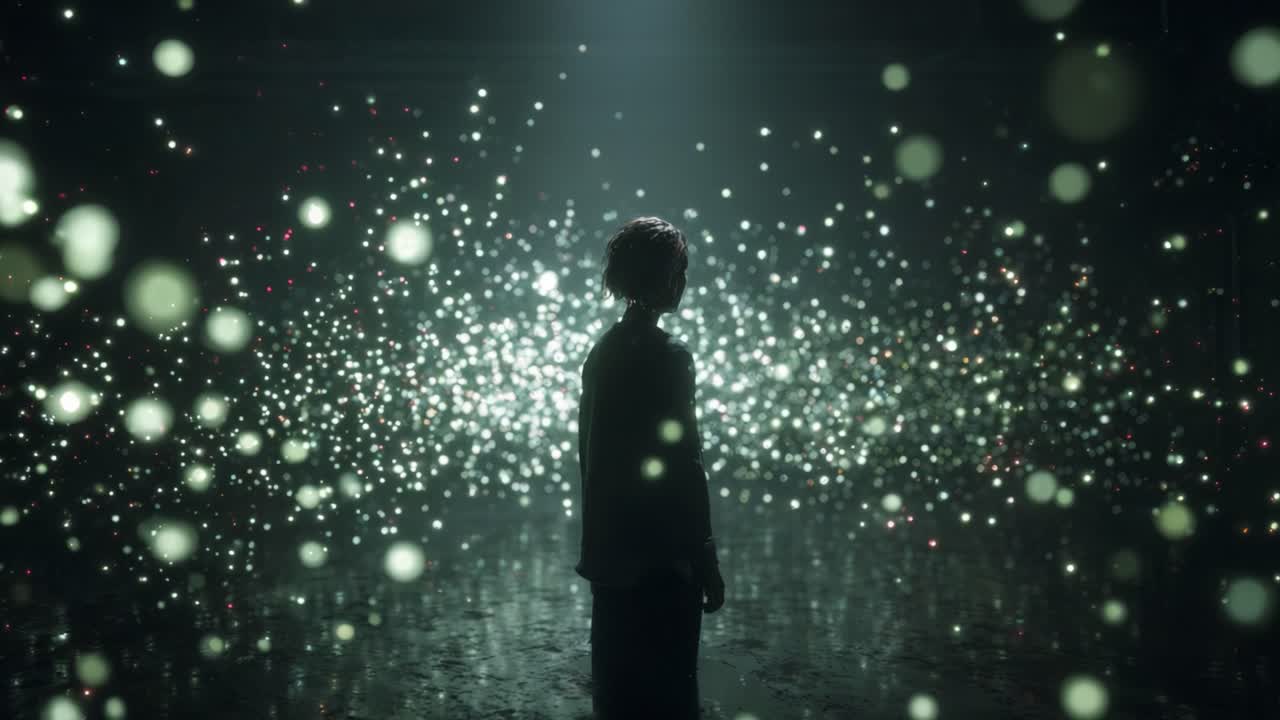 Mysterious silhouette of a person standing alone in a dark, otherworldly environment surrounded by countless floating and shimmering particles of light, creating a surreal and beautiful scene