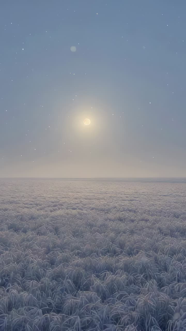 Vertical video: Brightening halo driving disc lighting frosted grass near misty horizon