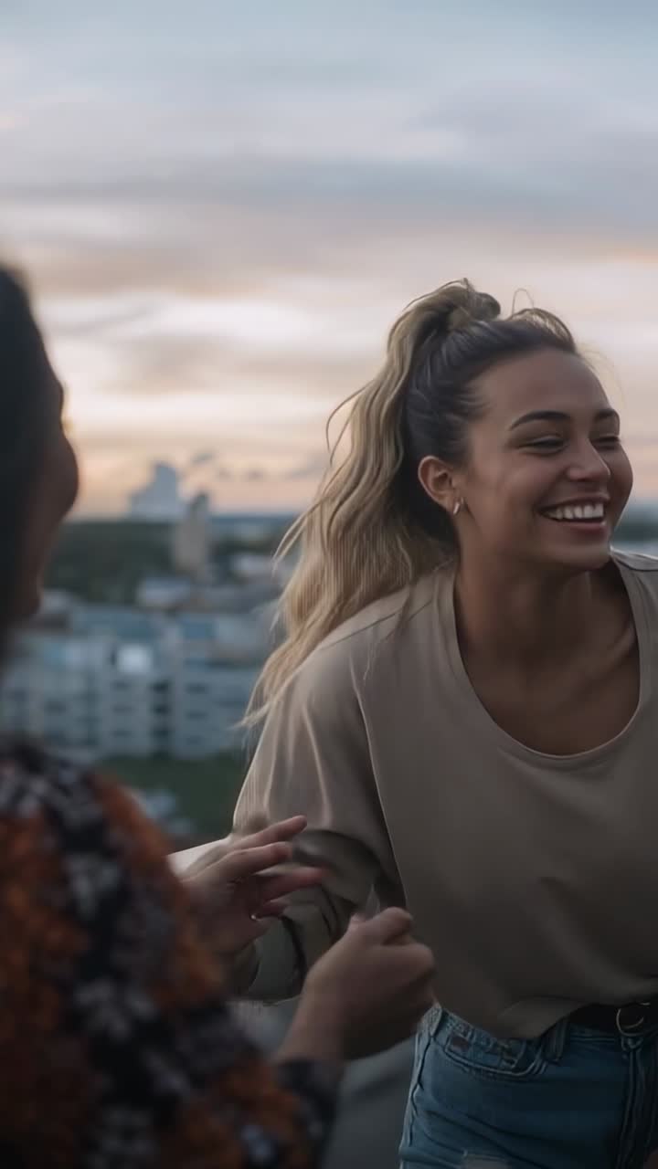 Video verticale: donna sorridente in top beige e jeans appoggiata alla ringhiera di un balcone al crepuscolo che reagisce alle mani
