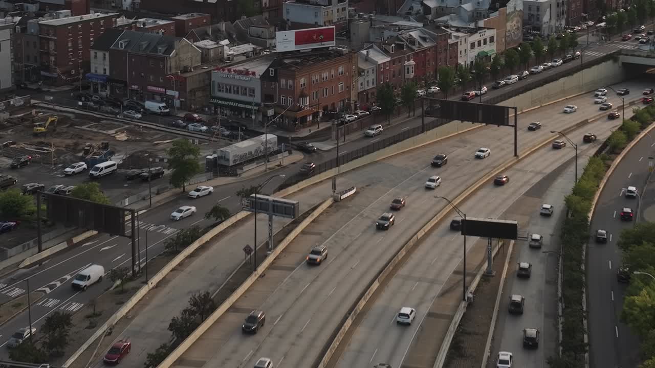 Traffic flows through Philadelphia streets captured from above