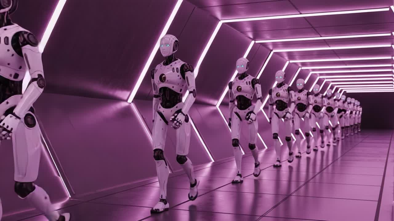 A Futuristic Corridor Filled with Advanced Robots, Highlighting the Seamless Integration of Technology and Design in a Surreal Neon Environment