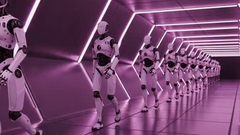 a futuristic corridor filled with advanced robots, highlighting the seamless integration of technology and design in a surreal neon environment