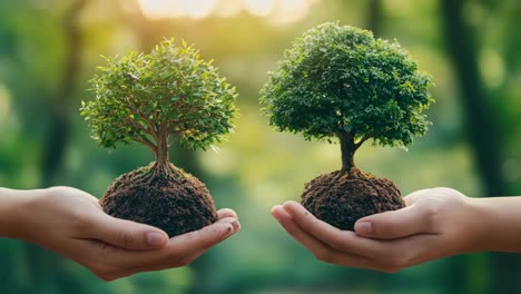 two hands holding small trees in soil