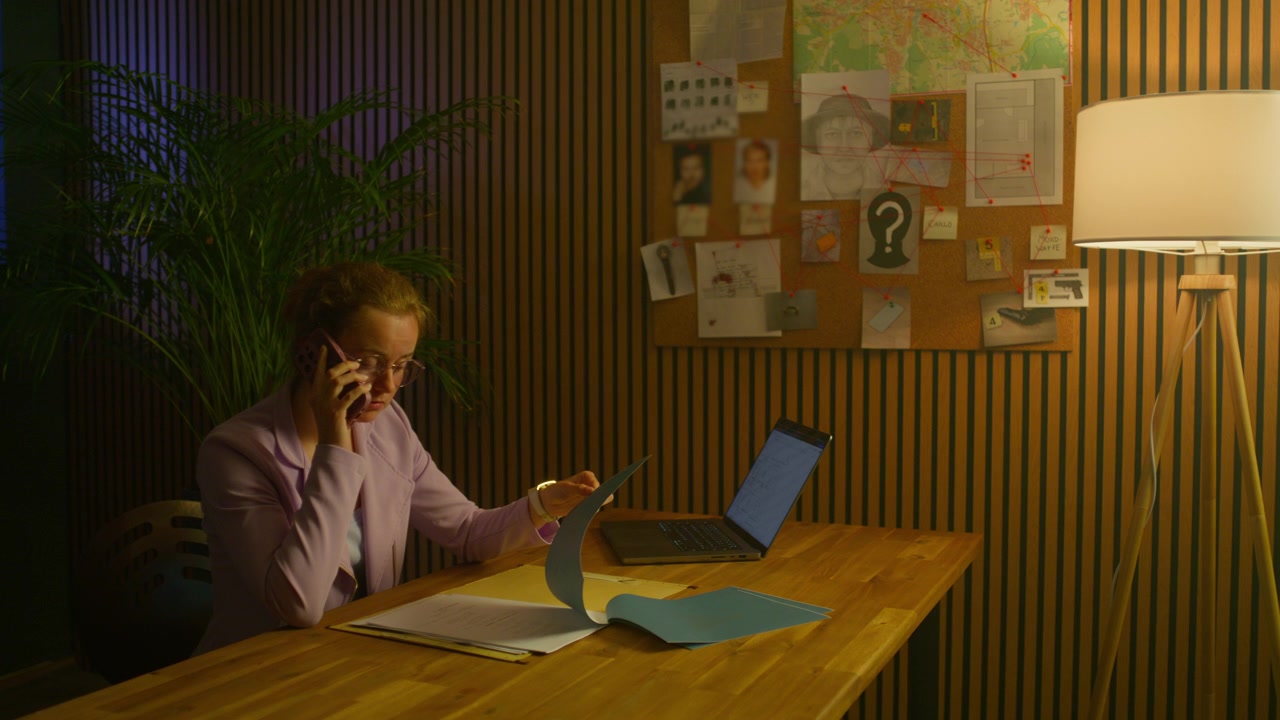 Scena cinematografica suggestiva di una detective donna che parla al telefono mentre esamina fascicoli del caso e prove. Bacheca investigativa con foto, appunti e indizi visibili sullo sfondo.