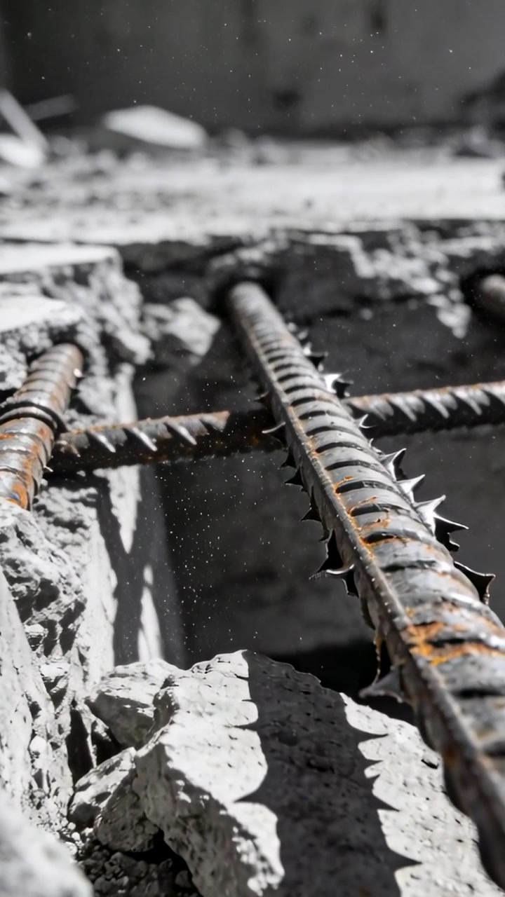 Video verticale: Telecamera che avanza rivelando tondini arrugginiti e appuntiti in una lastra rotta, mostrando il vuoto.