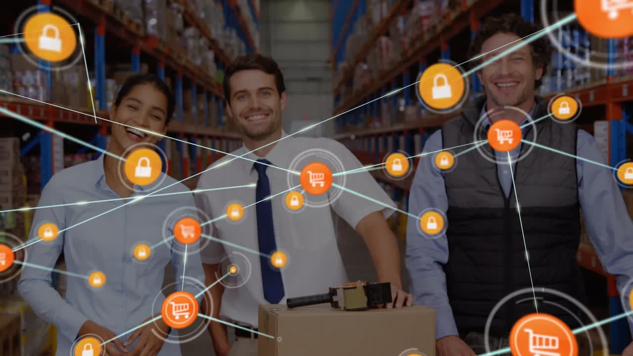 animación de la red de conexiones con iconos sobre diversas personas de negocios que trabajan en el almacén