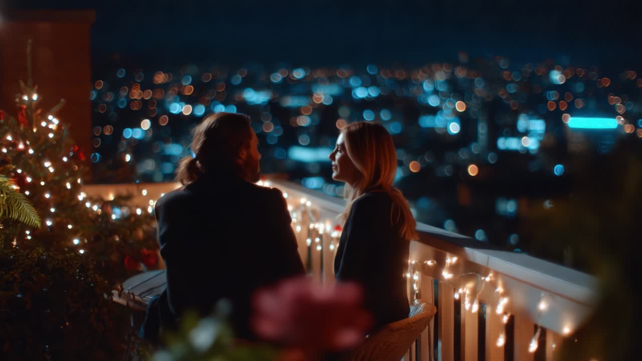 A Beautiful Evening on a Rooftop: Two Friends Enjoying a Cozy Night Under Sparkling Lights with a Stunning City View as the Background, Capturing Moments of Connection and Joy Beneath the Stars