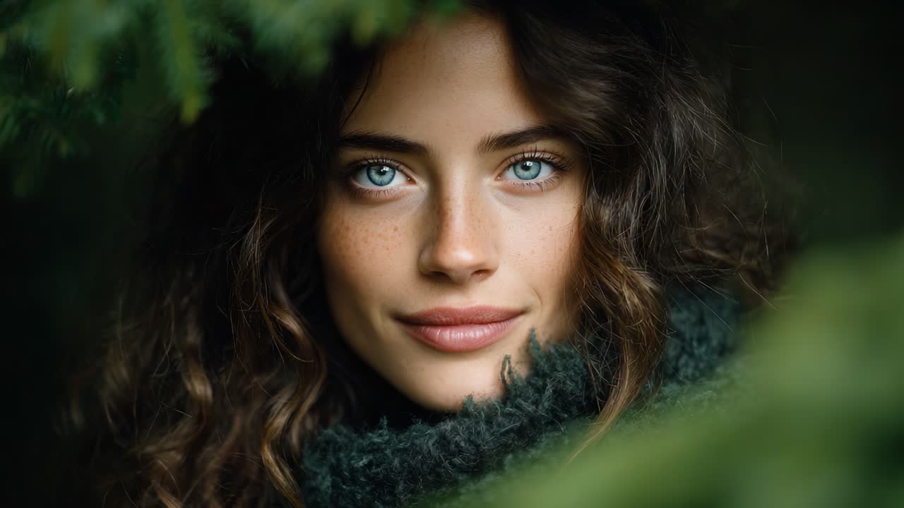 A Captivating Portrait of a Young Woman Amidst Lush Greenery, Showcasing Her Striking Blue Eyes and Natural Beauty in a Cozy Scarf Environment