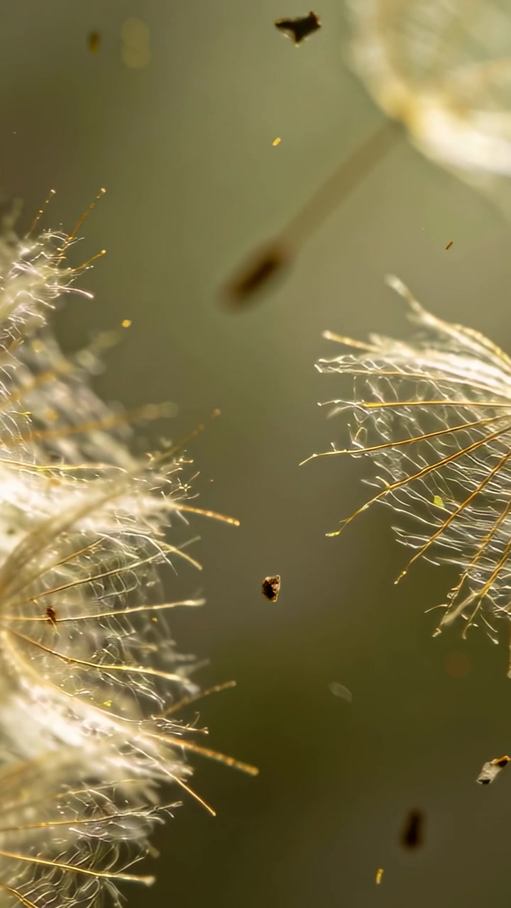Video verticale: Pappo di semi che si stacca e galleggia nel vento del campo, rilasciando lanugine e detriti per disperdersi