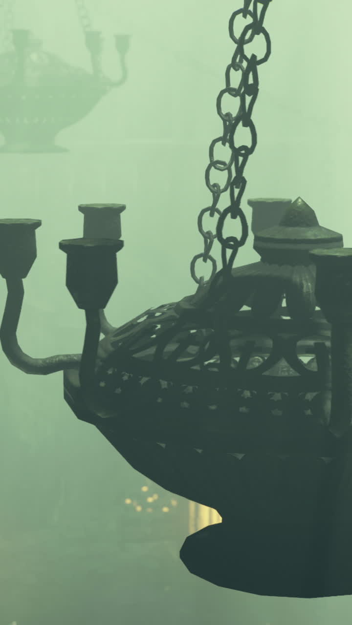 Chandelier hanging in a misty dimly lit interior of a historic building