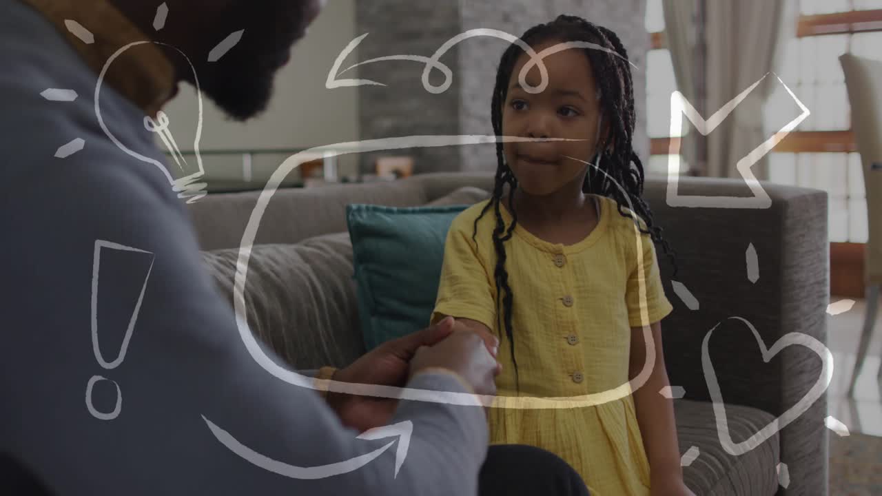 Father reaching, holding girl's hand on couch, soothing while doodles appearing around them, family