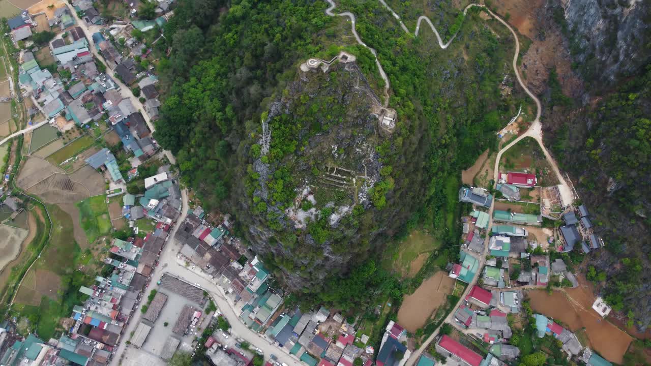 Birdseye rotational view of the ancient town of Dong Van in Vietnam