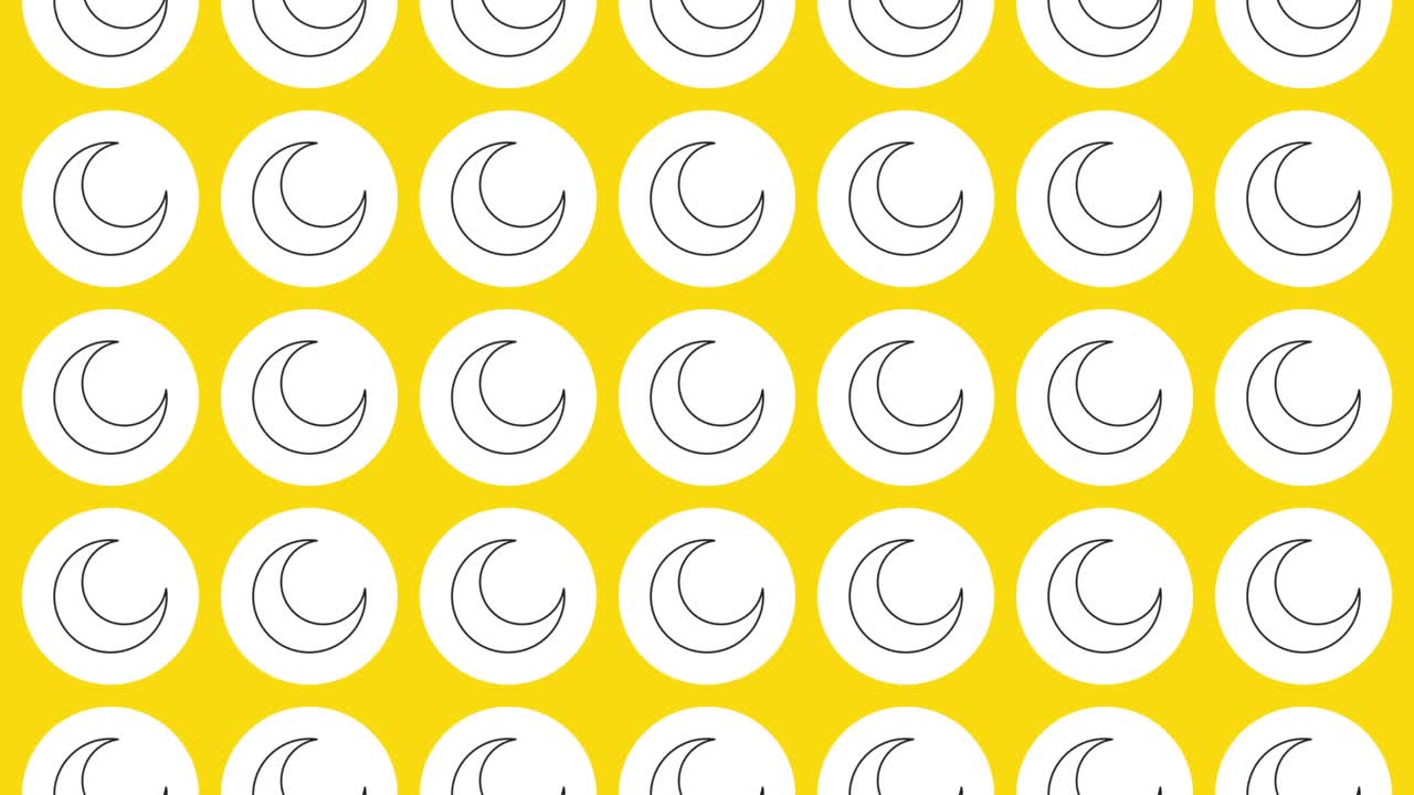 Crescent icon in white circle with black dynamic line pattern on a yellow background. Seamless loop dynamic pattern with regular symbols rotating around