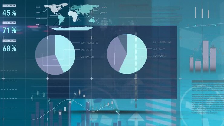 Charts and statistics moving on a dark background