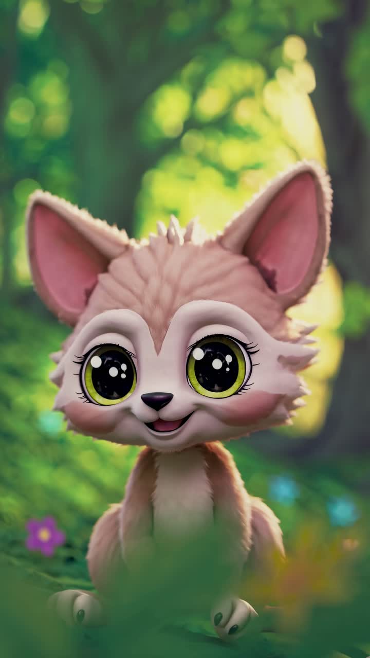 Um vídeo lúdico em close-up de uma raposa de desenho animado fofa, com olhos arregalados, em um cenário de floresta exuberante