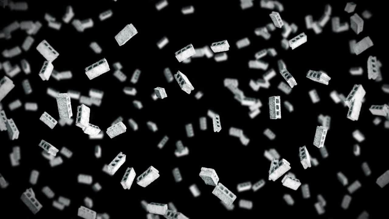 Flying many concrete bricks on black background. Miniature model, Cement, Construction. 3D animation of gray blocks rotating. Loop animation.