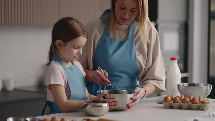 cheerful mother and daughter are cooking in home kitchen woman is teaching little girl to cook cake