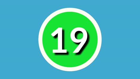 Number-19-nineteen-sign-symbol-animation-motion-graphics-on-green-circle-blue-background,4k-cartoon-video-number-for-video-elements