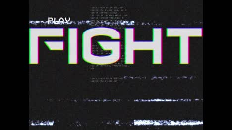 animation of white text, fight, on video playback interface screen with interference, on black