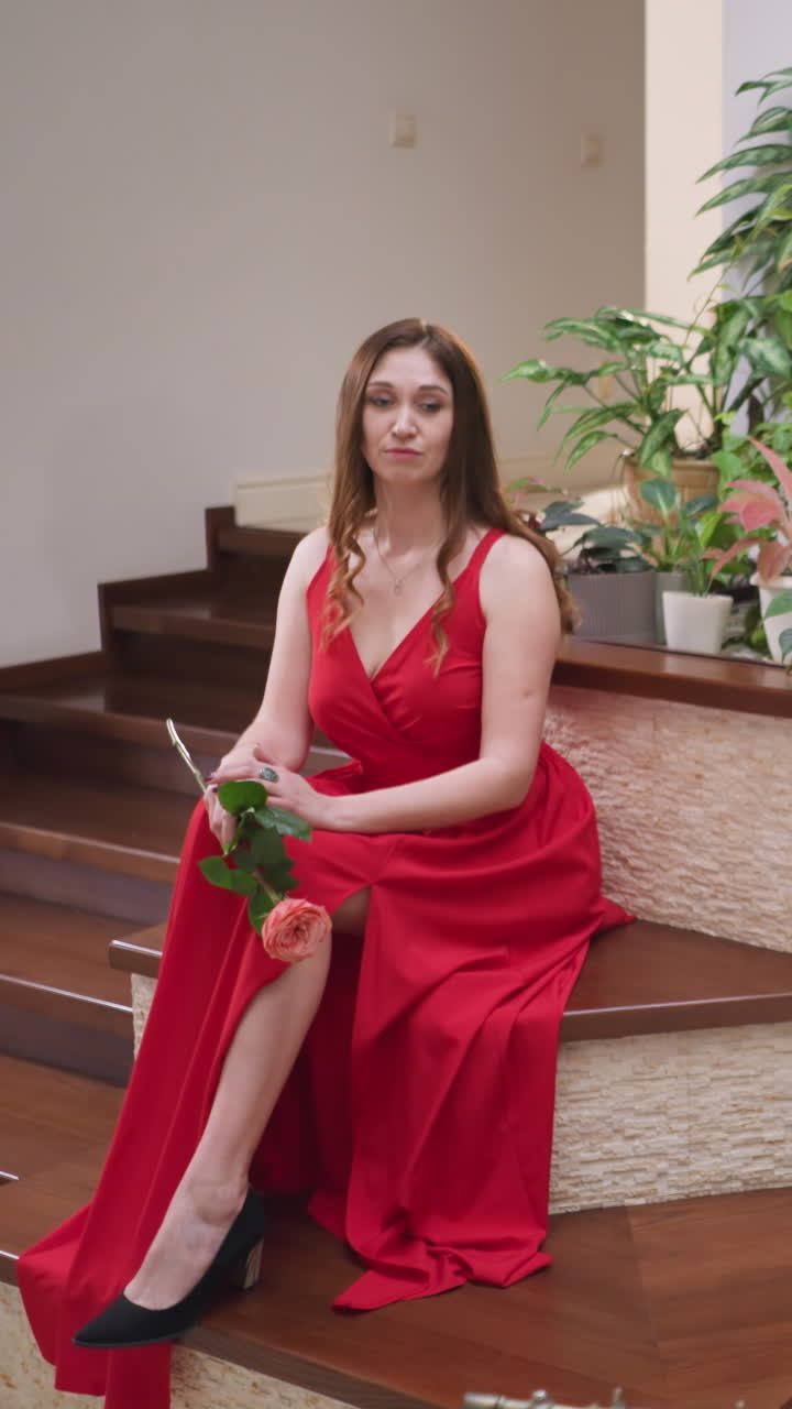 Pensive woman poses for artist in gallery. Young woman in red slit dress sits by stairs and painter draws in art studio. Live model for master