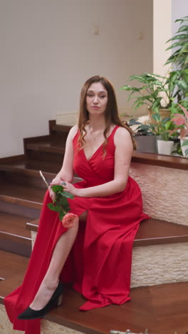 una mujer pensativa posa para un artista en una galería. una mujer joven con un vestido rojo se sienta junto a las escaleras y el pintor dibuja en un estudio de arte. modelo en vivo para el maestro