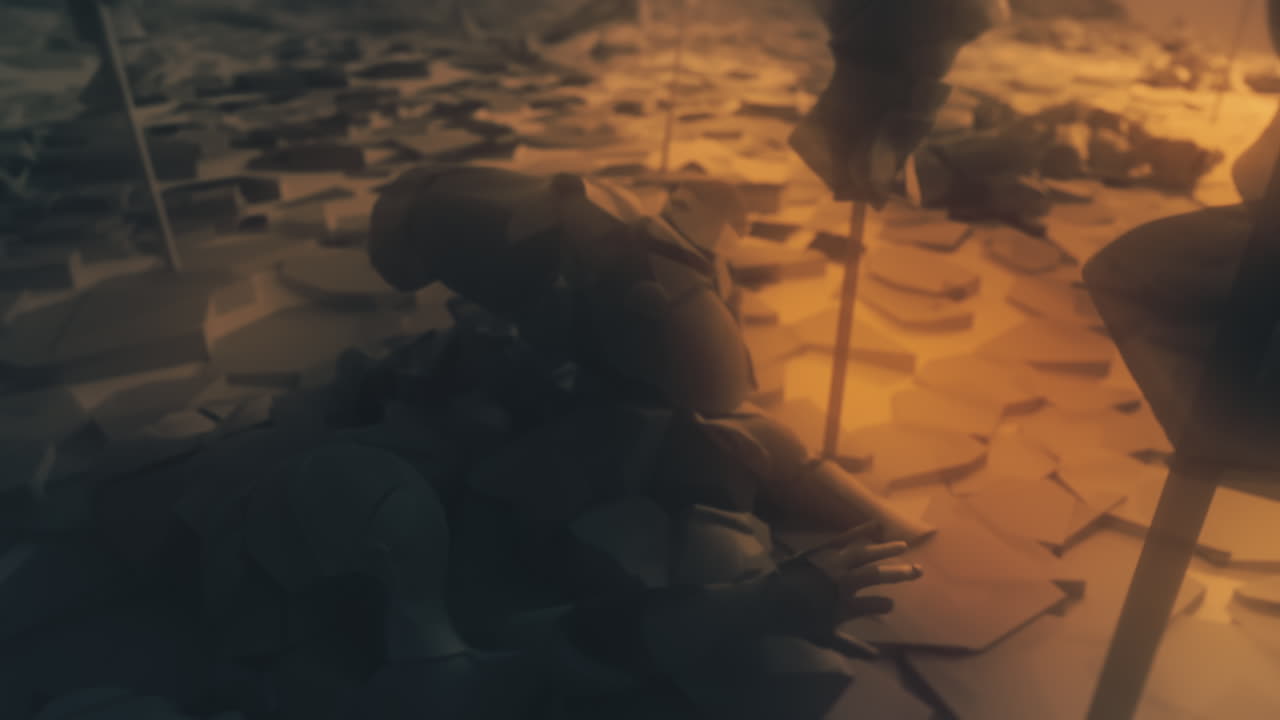 Destroyed andorids on a junkyard in yellow light