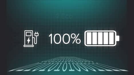 animation of battery charging with growing number over data processing on black background