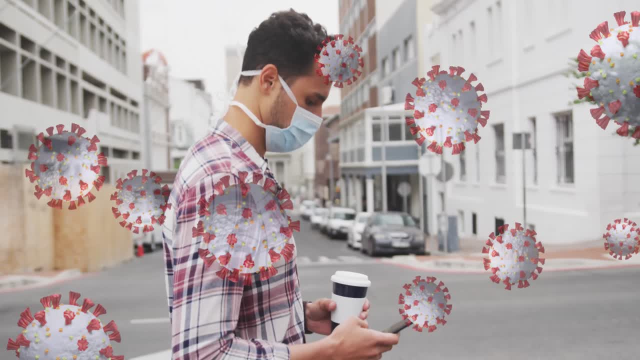 얼굴 마스크를 쓰고 있는 백인 남성에 대한 바이러스 세포의 애니메이션