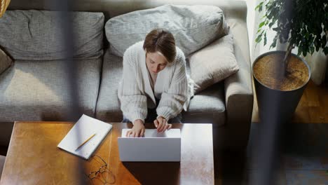 mujer trabajando desde casa en el sofá