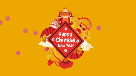 animation of happy chines new year text over orange background