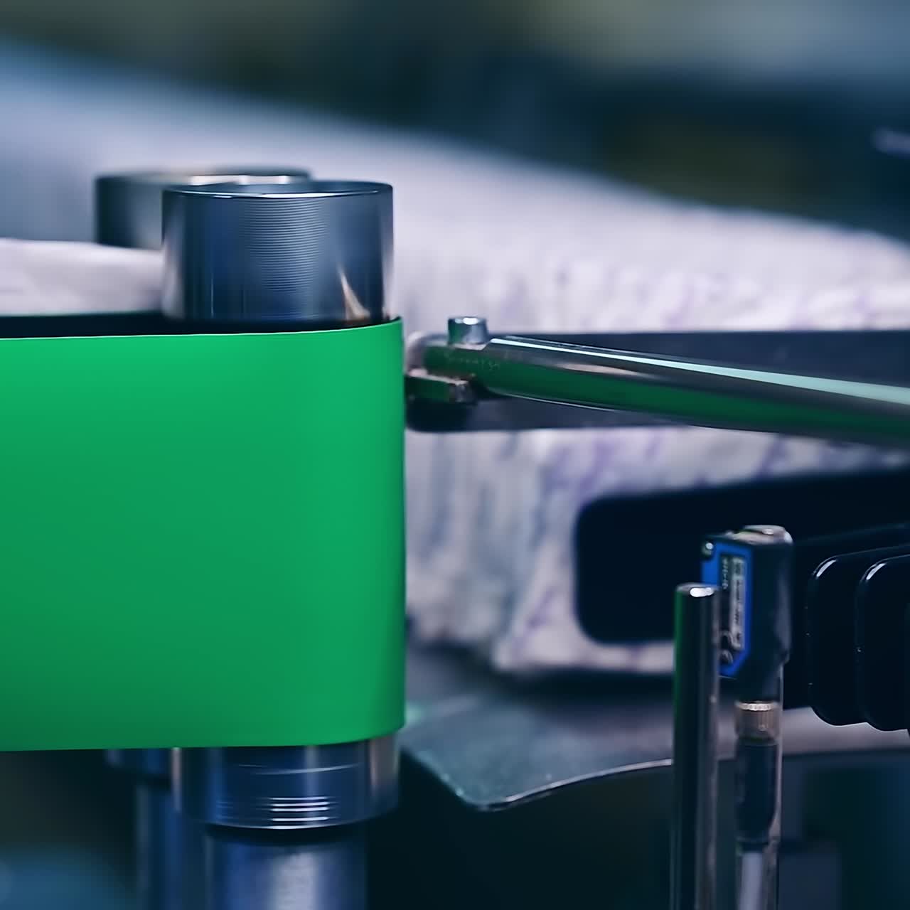 Ready-made diapers sent through two shafts to the conveyor belt. Movement of packed nappies to the conveyor. Close up