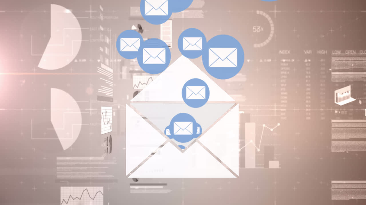 animación de iconos de correo con estadísticas y procesamiento de datos financieros