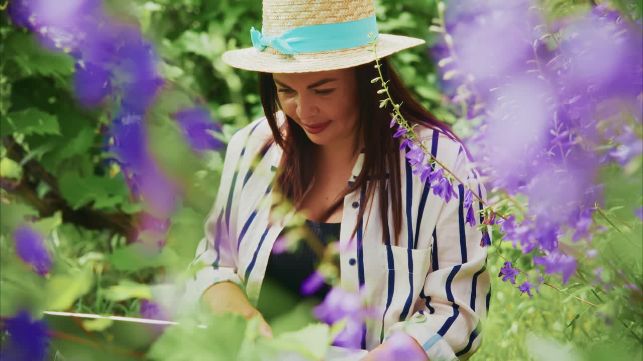 Woman in straw hat enjoying nature while painting surrounded by vibrant purple flowers