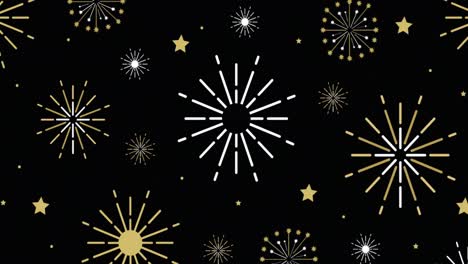 Animation-of-exploding-white-and-gold-fireworks-scrolling-on-black-background