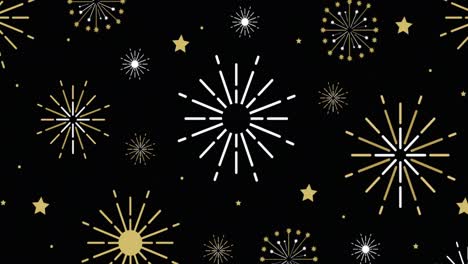 Animation of exploding white and gold fireworks scrolling on black background