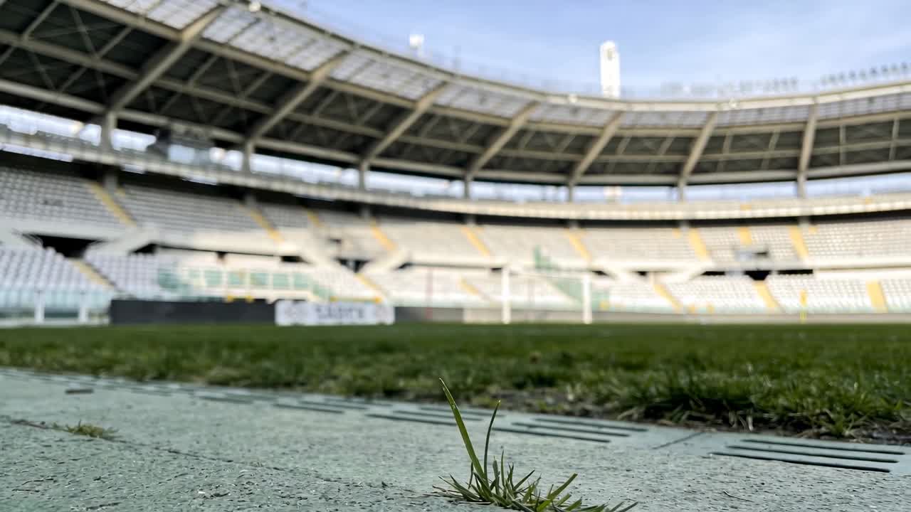 Kołysząca się mała kępka trawy na skraju boiska, wiatr powoduje zmianę ostrości w kierunku odległych słupków bramki.