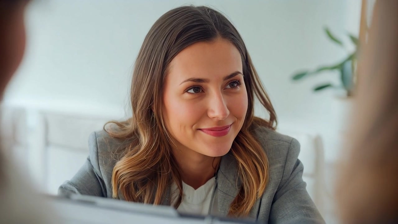 Donna sorridente in blazer grigio che si appoggia a un tavolo con una pianta mentre i colleghi fanno domande, rispondendo annuendo.