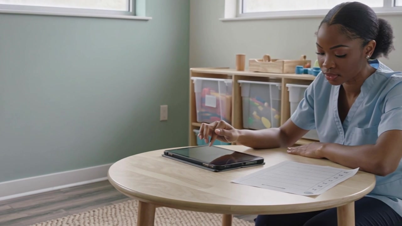 Reaching, caregiver in blue scrubs tapping tablet using stylus at table, reviewing form, copy space