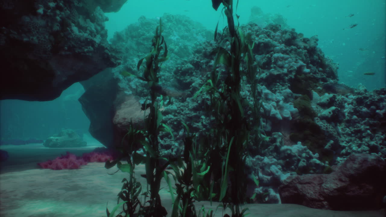 Underwater landscape with kelp and coral formations in a marine environment