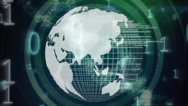 Animation of binary coding, globe and data processing