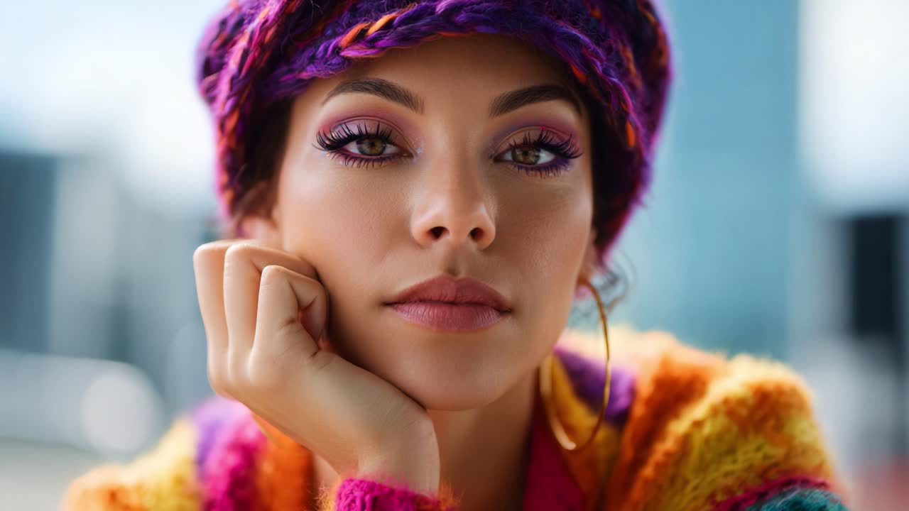 Un retrato cuidado de una mujer con un gorro de punto y una bufanda de colores con un maquillaje llamativo, que muestra su belleza y profundidad emocional en un entorno vibrante