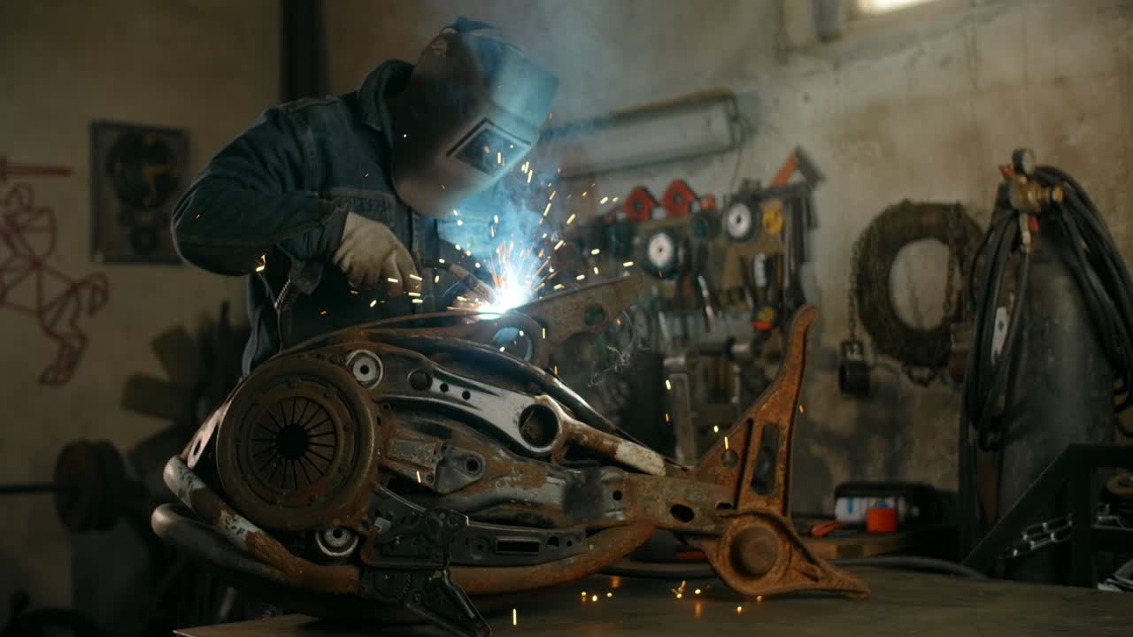 cerrajero soldado el metal decorativo escultura de pez steampunk con muchas chispas y destellos en cámara lenta, metalurgia en el taller, 4k 60p prores hq