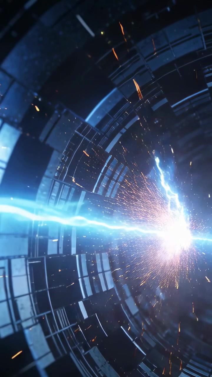 Vertical video: Pulsing blue beam reacting to orange flare, emitting lightning and sparks in tunnel