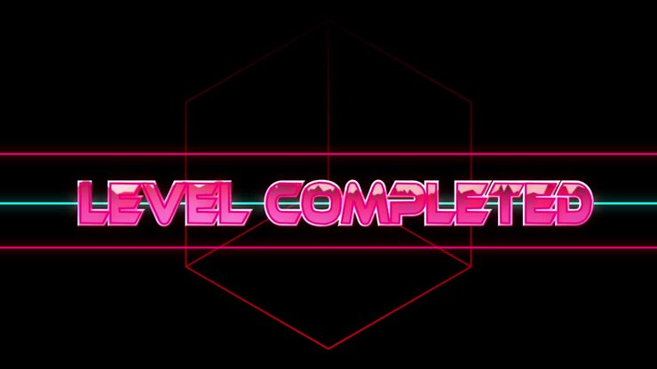 Animation of level completed text in pink metallic, over neon lines on black