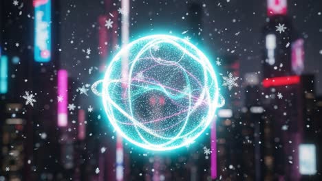 a stunning visual of a neon sphere surrounded by snowflakes against a vibrant city backdrop, capturing the essence of futuristic aesthetics and magical winter vibes