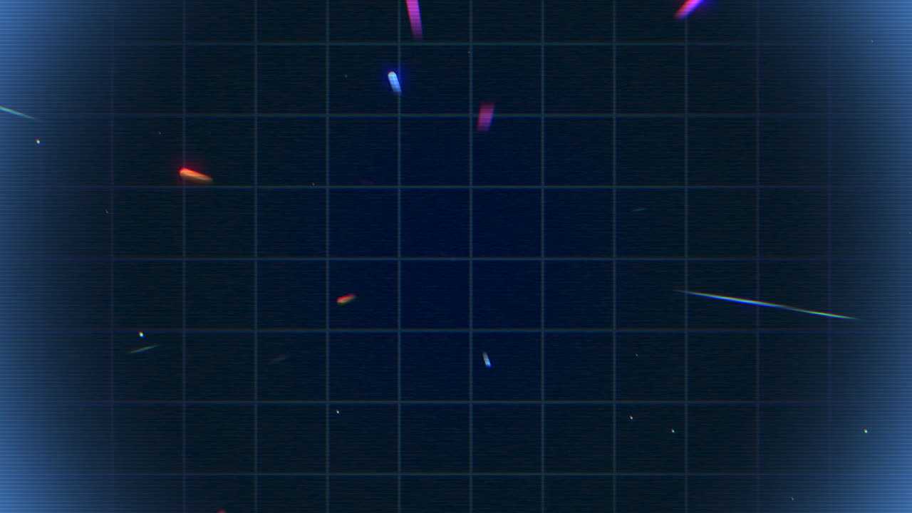 80년대 스타일의 어두운 공간에 글리터가 있는 네온 복고풍 파란색 그리드