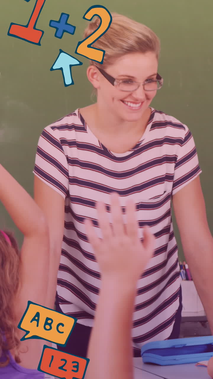 Animation of school icons over smiling caucasian female teacher with diverse schoolchildren