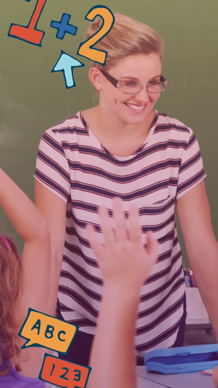 Animation of school icons over smiling caucasian female teacher with diverse schoolchildren